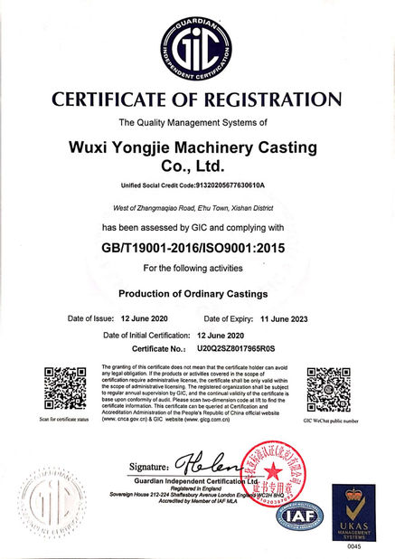 الصين Wuxi Yongjie Machinery Casting Co., Ltd. الشهادات